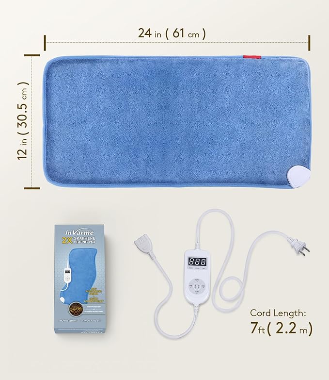 Far Infrared Heating Pad: 2X Graphene and Soft Plush for Back Pain - Extra Hot Electric Pad for Grandparents Max 158℉ - 12" x 24" 8 Heat Settings & 4H Auto Off Machine Washable