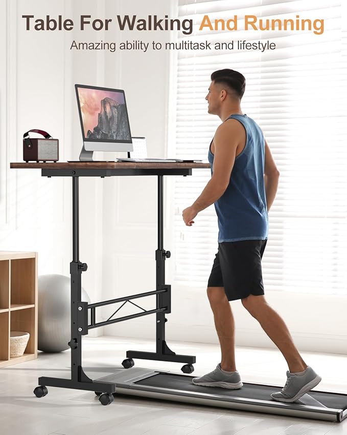 Small Standing Desk Adjustable Height, Mobile Stand Up Desk with Wheels, 32 Inch Portable Rolling Desks Conference Room Tables for Walking Pad Treadmill Wood Rustic