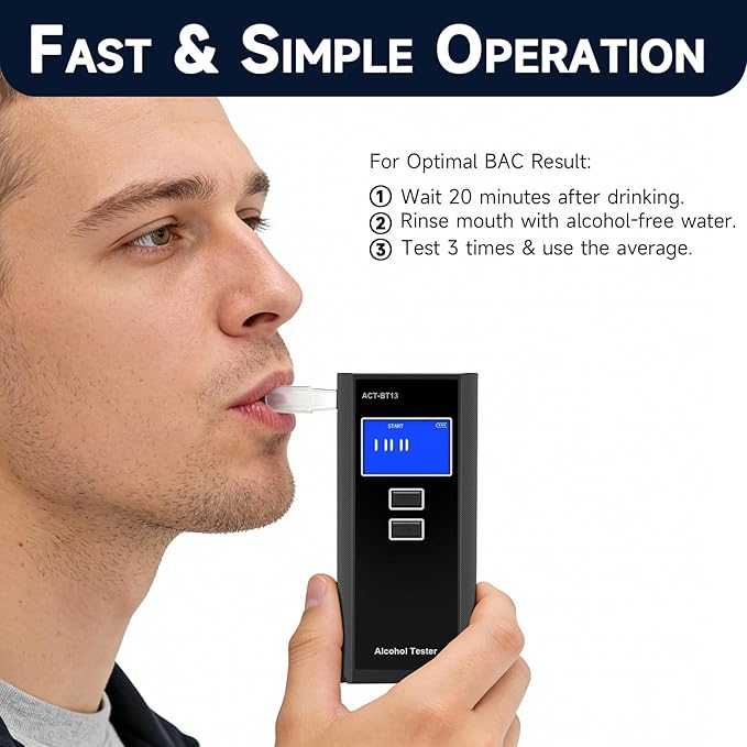 Breathalyzer with 15 Mouthpieces & Carrying Bag - Portable Breathalyzers for Alcohol Tester Digital LCD Display Fast BAC Estimate Audio Alarm, 50 Record for Personal Screening Home Party Use
