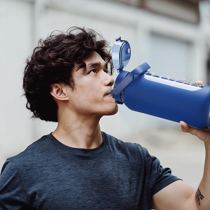 Glass Water Bottle with Straw and Handle Lid Half Gallon Motivational Glass Bottle with Silicone Sleeve and Time Marker Large Reusable Sports Water Jug for Gym Home Workout