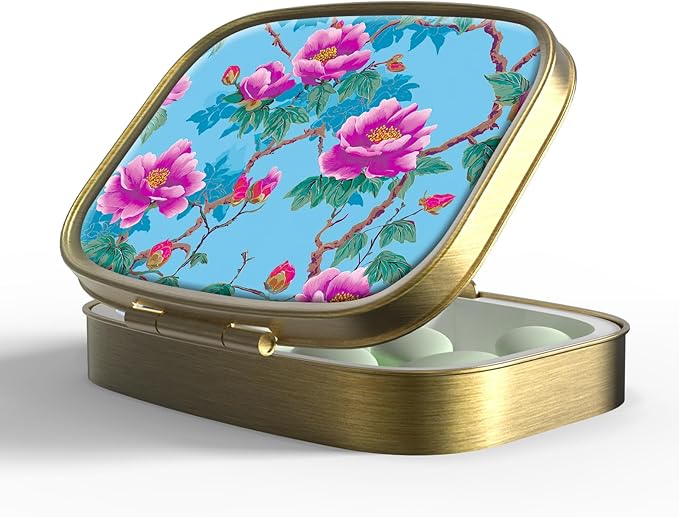 Small Pill Box Pill Case with Mirror Retro Pocket 2 Compartment Pill Holder for Purse or Pocket Bronze Portable Medicine Vitamin Container Fish Oil and Supplement Storage BPA-Free(Purple Flower)