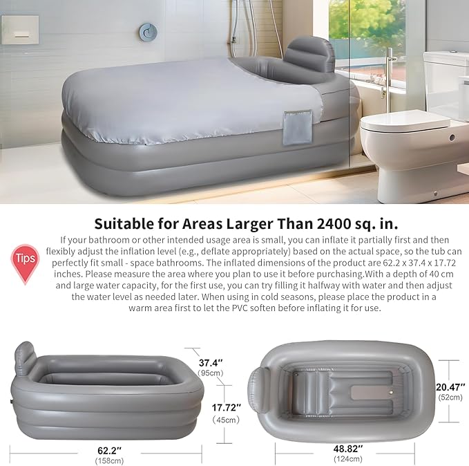 Inflatable Bathtub Adults - Blow Up Bathtub Adult for Indoor Shower Use, Portable Bathtub Adult with Cover, 62.2x37.4x17.72in, Light Grey