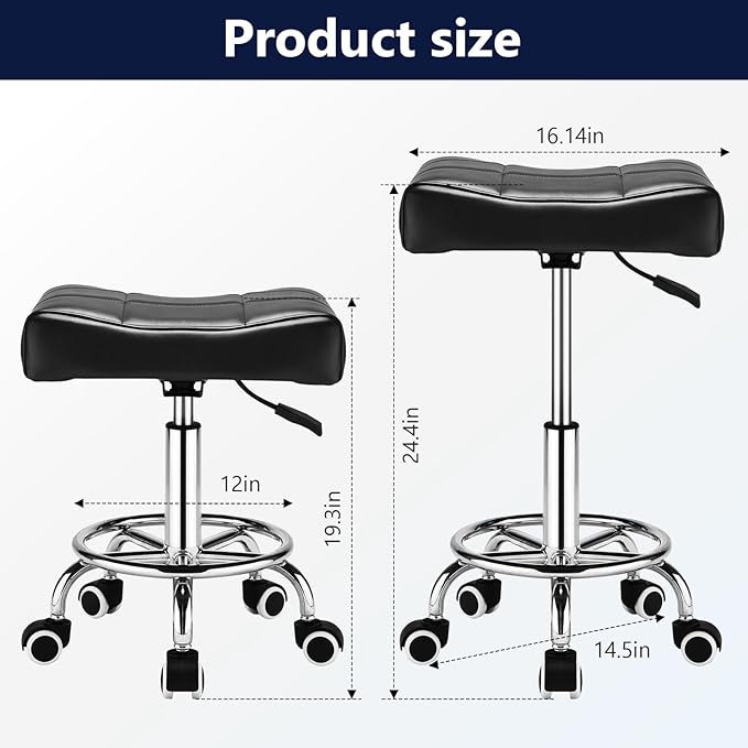 Square Salon Rolling Stool - 300lbs Weight Capacity，Adjustable Swivel Stool with Wheel，Pu Leahter Comfortable Cutting Stools for Salon Tattoo Stylist Massage Perfect for Work SPA (Black)