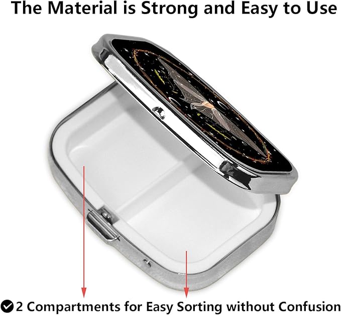 ABLESKY Pill Box, 2 Compartment Pill Organizer Case for Pocket or Purse, Small Portable Metal Travel Medicine Box with Mirror, Daily Vitamins Fish Oil Container-Blackmothl