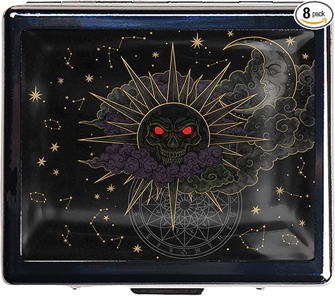 Silver Vintage Pill Box 7 Day Metal Pill Box with Mirror and 8 Compartments Cute Travel Pill Organizer for Purse (The Sun and The Moon in The Darkness)