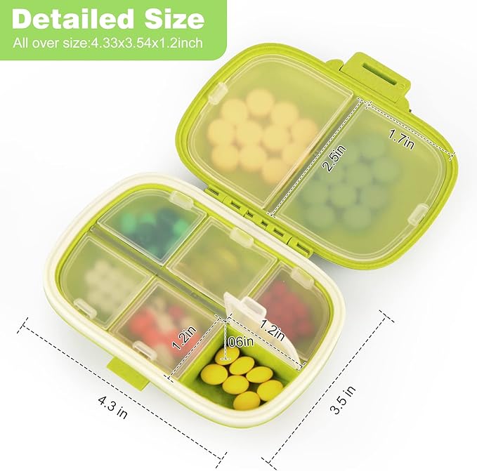 Travel Pill Organizer 8 Compartments Portable Pill Box Medicine Organizer Small Daily Pill Case Medicine Container for Pocket Purse (Green)