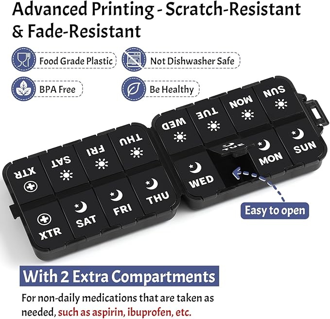 Foldable Weekly Pill Organizer 2 Times a Day with 2 Extra Compartments (Clear Printed Labels) - Portable 7 Day AM PM Medicine Box, Week Daily Travel Pill Case Holder for Vitamin, Supplement - Black