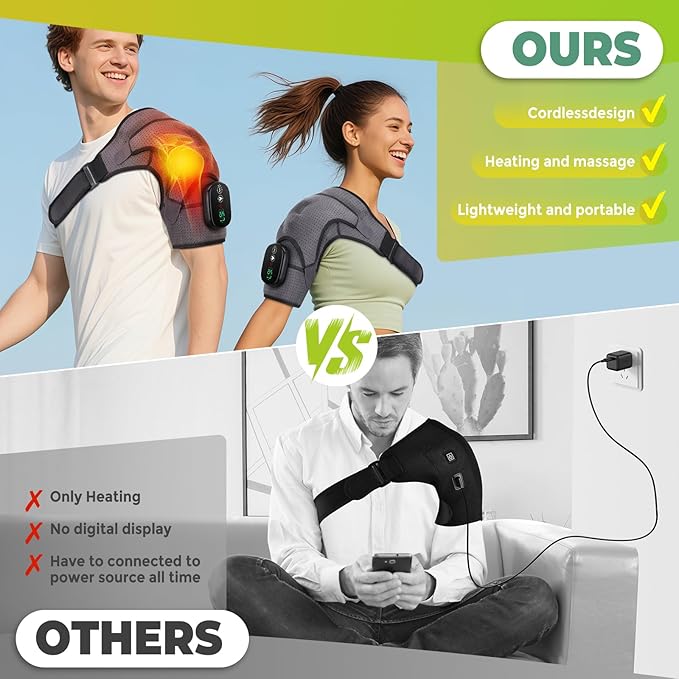 Shoulder Heating Pad with Massage, Cordless Shoulder Heating Pad, Shoulders Massager for Pain Relief, Left Right Heated Shoulder Wrap for Rotator Cuff & Shoulder Brace Support