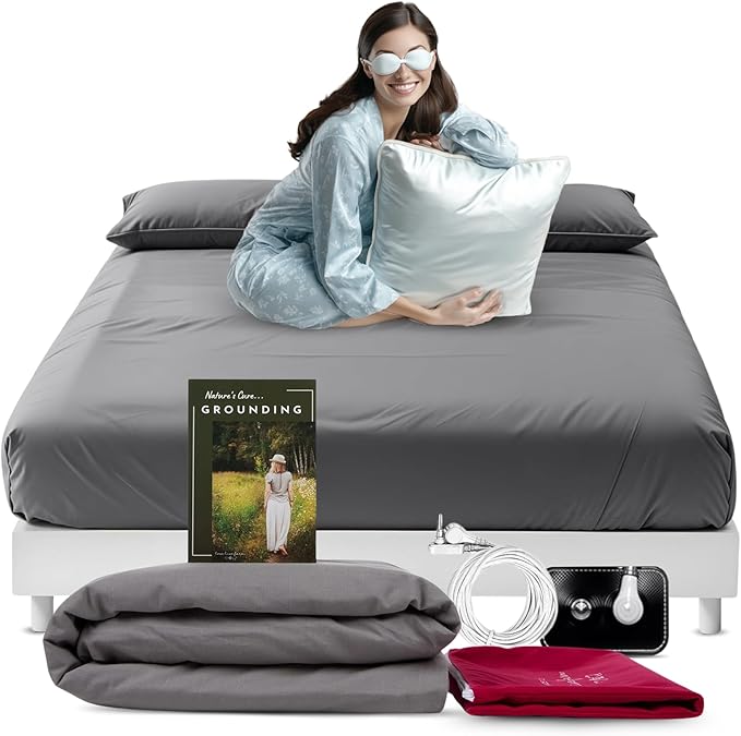 Earthing Grounding Sheets Twin Size(Grey) - 400 Thread Count Soft Earthing Sheets w/Cotton, Silver Fiber - Reinforced Grounding Cord for Conductivity – Ideal Grounding Bed Sheets for Better Sleep