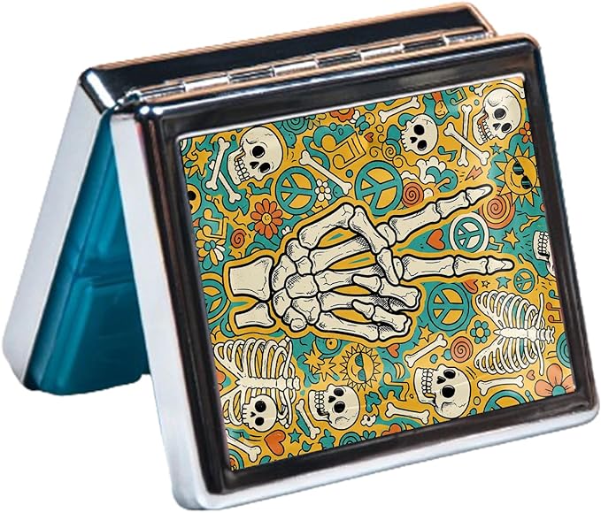 Metal 7 Day Pill Organizer, Weekly Pill Case with 8 Compartments, Travel Pill Box for Purse & Pocket, Small Medicine & Vitamin Organizer with PP Dividers (Peace Skeleton)