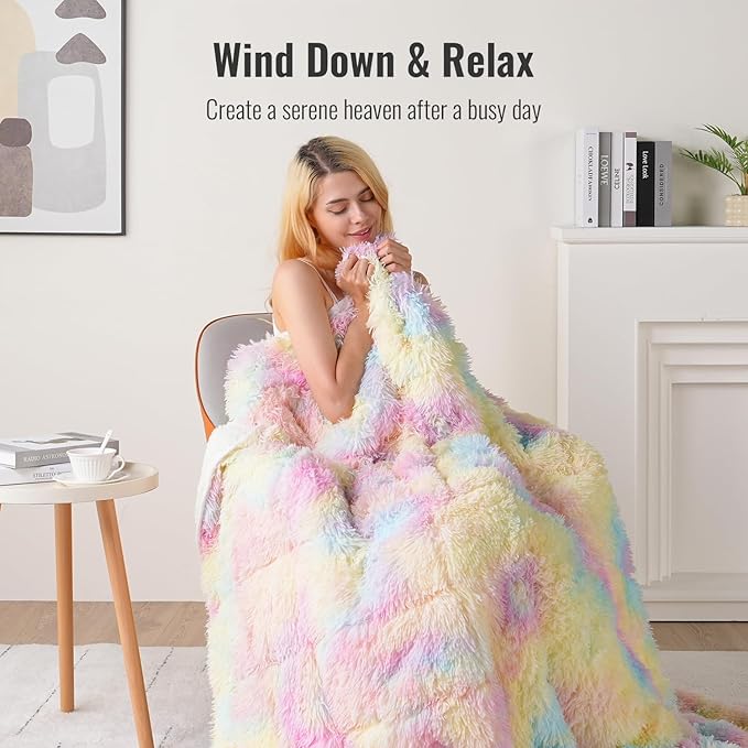 Uttermara Faux Fur Weighted Blanket 15 LBS Twin Full Size, Fluffy Fur Heavy Blanket for Sofa Bed, Super Soft Plush Fleece & Cozy Sherpa Reverse, Luxury Long Fur Adults Bed Blanket, 48" x 72", Rainbow