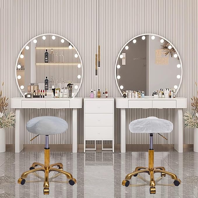 Saddle Stool Gold Rolling Stool with Wheels, PU Leather Roller Vanity Chair, Height Adjustable Swivel Saddle Chair for Pedicure, Tattoo, Massage, Salon, Spa (White)