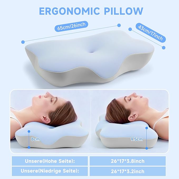 Ergonomic Neck Pillow for Sleeping, Breathable Snoring Memory Foam Pillows, Sleep Apnea Pillows for Neck Correcting/Cozy Rest/Deep Sleep/Fibromyalgia Pillow [Blue]