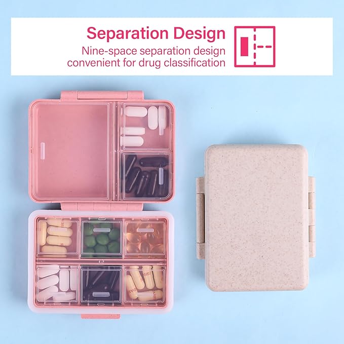 9-Grid Pill Organizer,Portable Pill Box,Large Capacity Compartments,Travel Pill Container,Medicine Dispenser,Pill Purse,Pill Case for Vitamins, Fish Oils or Supplements(Rose)