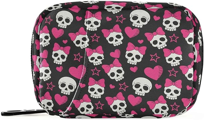 Travel Pill Organizer Bag Weekly Pill Organizer Case Pink Hearts and Skulls Portable Small Daily Pill Boxes for Vitamin Fish Oils Supplement Holder with Zipper Compact Size