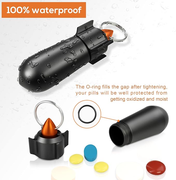 2 Packs Pill Keychain, Pill Case, Waterproof Pill Holder, Portable Pill Container, Aluminum Alloy, Single Chamber, Small Pocket Pill Box for Purse, Backpack, Medicine Bottle EDC for Outdoor Travel