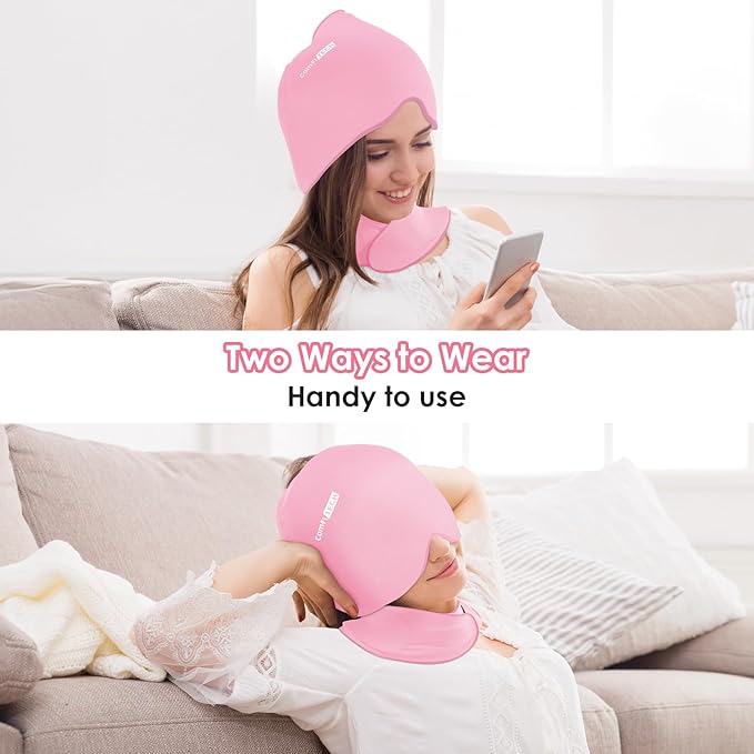ComfiTECH Cold Cap and Neck Ice Pack Wrap Gel Combo, Care Package for Head and Cervical, Pink