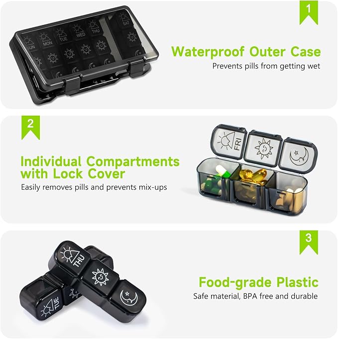 Weekly Pill Organizer 3 Times a Day, Travel Pill Box 7 Day, Portable Daily Pill Case Container, Large Medicine Organizer to Hold Vitamin, Fish Oils, Supplements