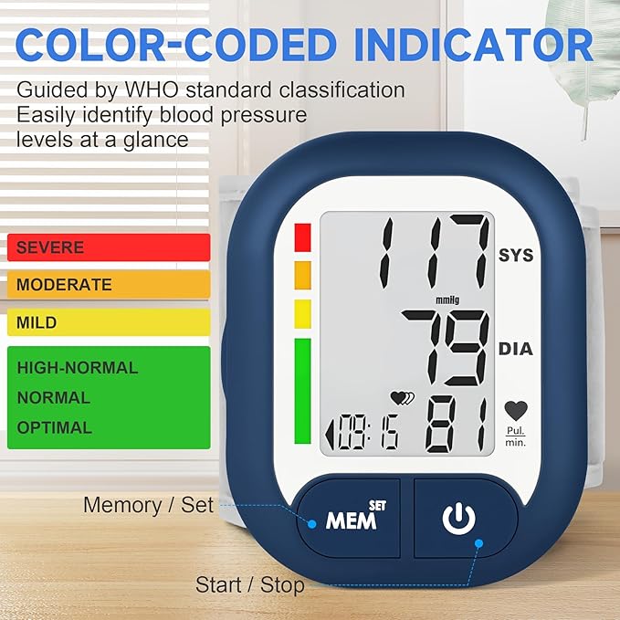 Blood Pressure Monitor Adjustable Wrist Cuff for Home Use Automatic BP Machine Large Digital LCD Display 199 Memory Batteries Included with Carrying Case, Navy