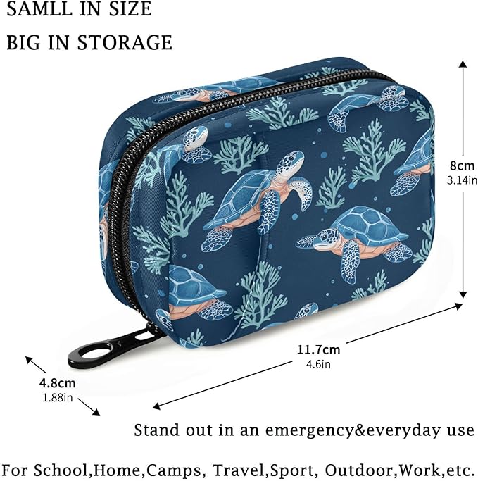 Fustylead Cute Blue Sea Turtle and Coral Decor Travel Pill Organizer Case Zipper for Purse with Removable Weekly Pill Box for Medicine, Vitamin, Supplement Medicine Organizer