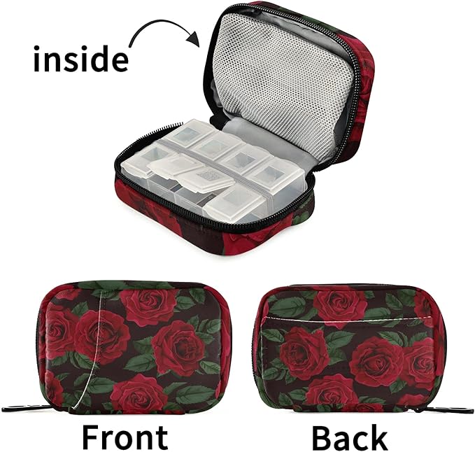 xigua Rose Flower Pill Case 7-Day Travel Pill Organizer Box with Zipper Closure for Vitamins, Medication and Supplements