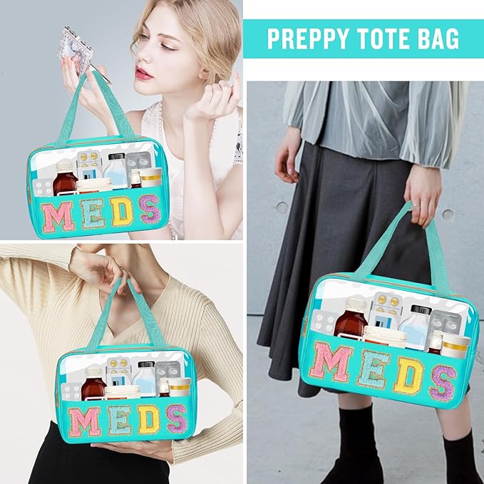 Chenille Letter Clear Makeup Bag MEDS Tote, Large Preppy Medicine Bag Travel Drugs Pills Bag Zipper Pouch with Handle,Waterproof Nylon Portable Cute Cosmetic Toiletry Storage Bag for Women(MEDS-Green)