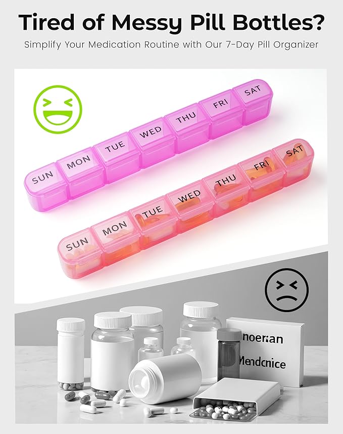 2-Pack Weekly Pill Organizer, 7 Day Large Pill Box with Clear Compartments, BPA-Free Medicine Case, Easy Open & Secure Close, Travel Pill Holder for Vitamins & Supplements - Pink&Purple