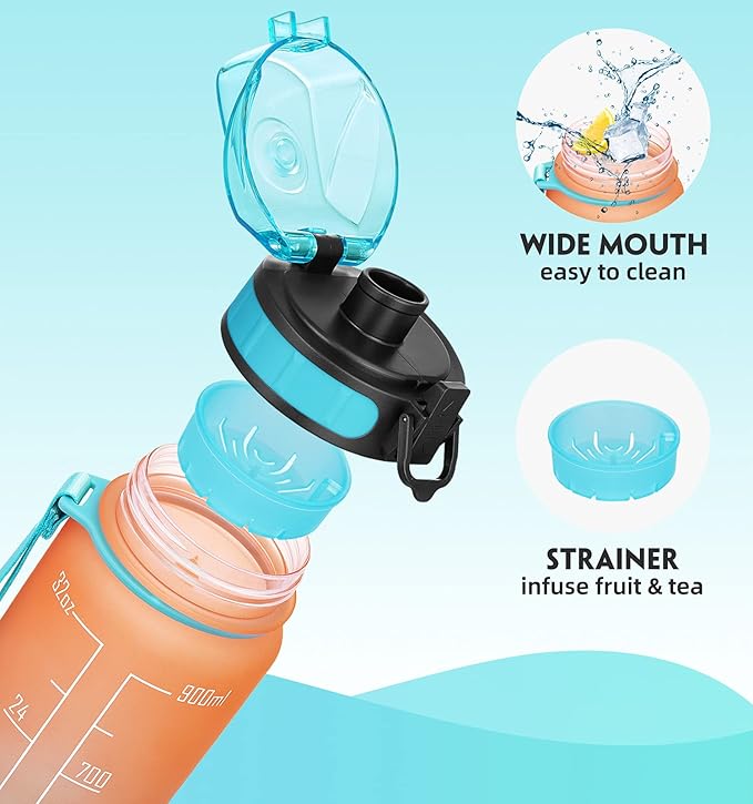 Motivational Water Bottle with Time Marker and Fruit Strainer, Leak-Proof, BPA Free, Non-Toxic, with Carrying Strap, Perfect for Fitness, Gym and Sports