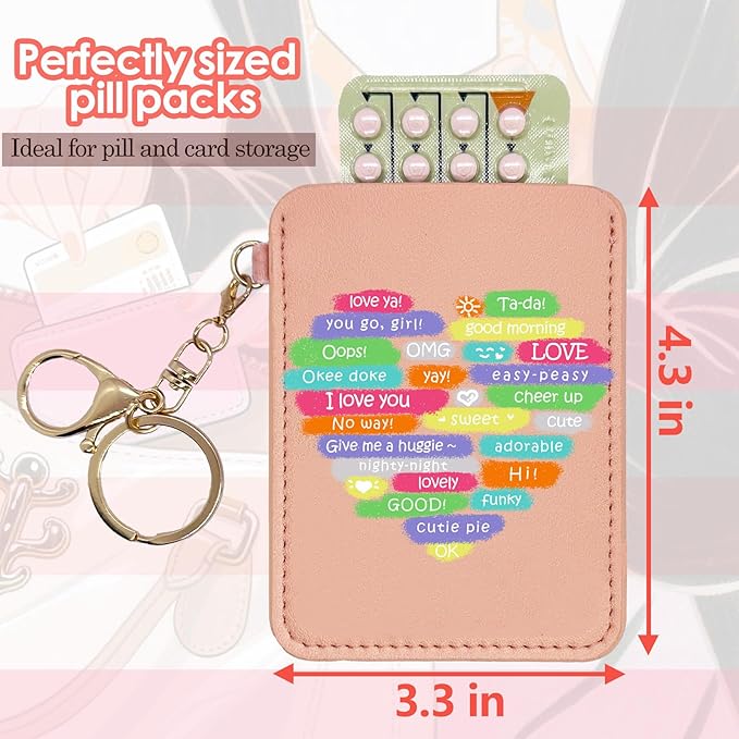 Birth Control Pill Case Holder, 4.3x3.3IN Compact Organizer Sleeve with Keychain, Fits Standard Pill Packs, Portable and Stylish Protection Cute Funny Discrete Artwork (Pink Heart)