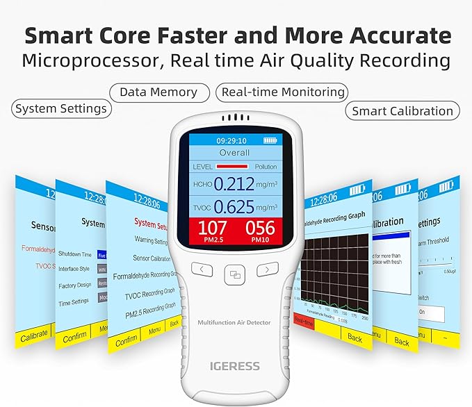 Air Quality Monitor Indoor, 8 in 1 Formaldehyde Detector, voc Meter, Detect Indoor HCHO,TVOC,AQI,PM2.5,PM10,PM1.0,Temperature and Humidity Tester. Colorful LCD Screen & USB Charging (White)