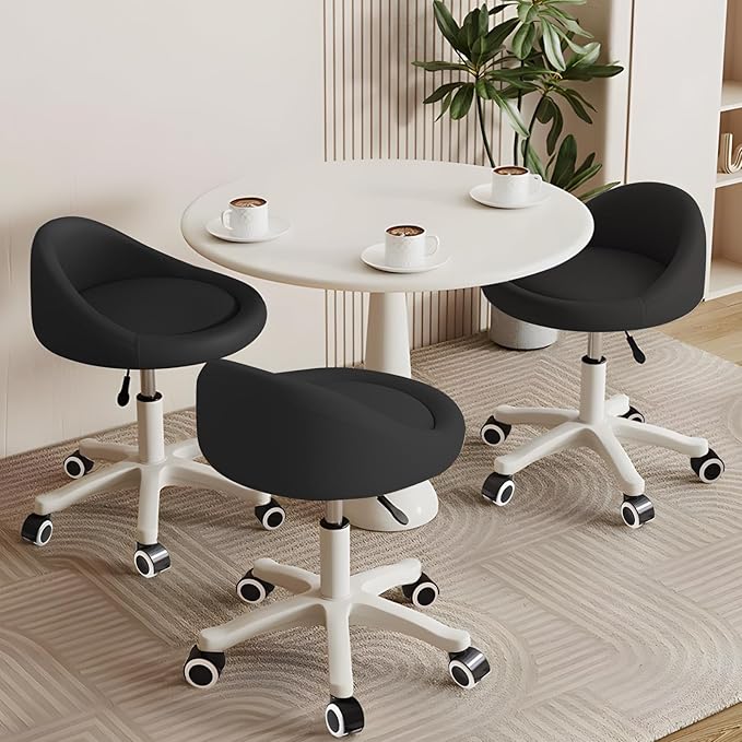 Rolling Stool Set of 3– Ergonomic Swivel Seat, Adjustable Height, Ultra-Quiet Wheels, Padded PU Leather Cushion, for Salon, Office, Massage & Medical Use Black