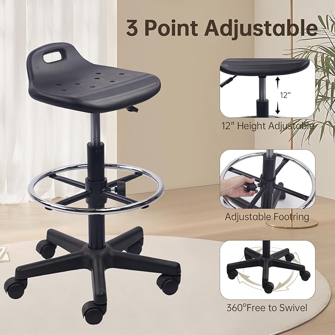 Round Rolling Drafting Stool with Foot Rest, Height Adjustable Swivel Multi-Purpose Office Desk Chair with Breathable Seat Cushion Stools for Home Bar Kitchen Salon Spa Medical, Black 2PK