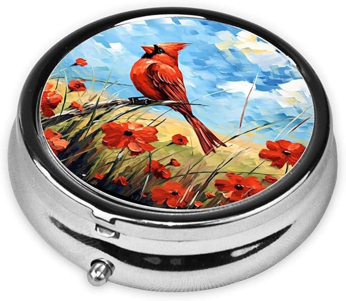 Flower Poppy Cardinal Pill Box 3 Compartment Pill Case, Portable Medicine Pill Organizer for Pocket Purse Pill Box Decorative Metal Medicine Vitamin Organizer