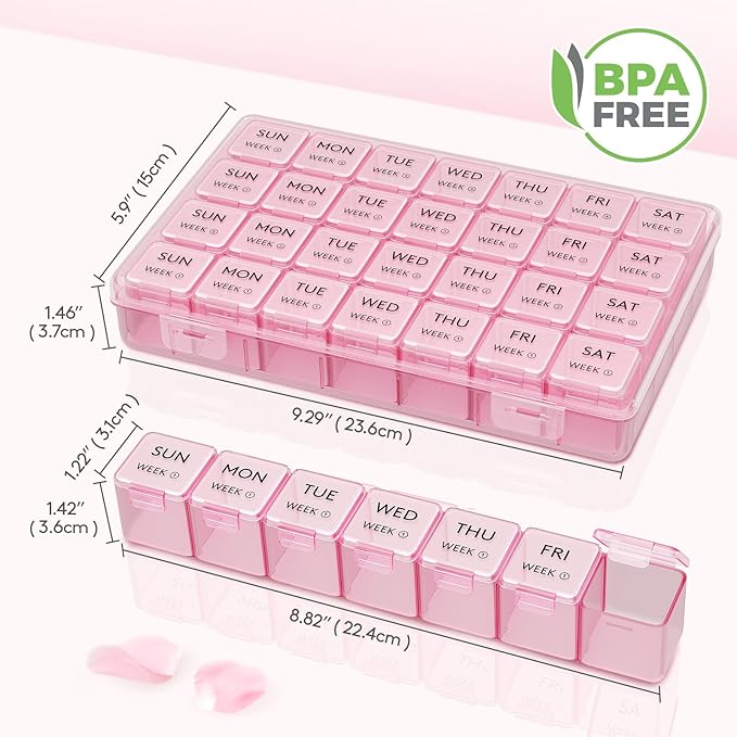 Lifewit Monthly Pill Organizer, 28 Day Pill Box, 4 Weeks One Month Vitamin Cases, Large Compartments Medicine Organizer for Fish Oils, Supplements, 28 Grids, Pink