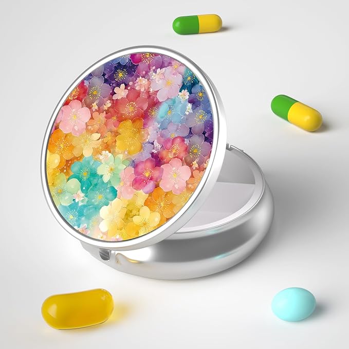 Pill Box, 3 Compartment Portable Travel Medicine Box with Mirror, Compact and Cute, Fits in Purse and Pocket, Medicine and Vitamin Organizer (Colorful Flowers)