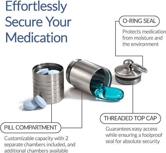 Cielo Pill Holders - Wide Dual Chamber Keychain Pill Holder, Made in USA, Stainless Steel Pill Keychain Container, Waterproof Pill Case, Compact & Customizable