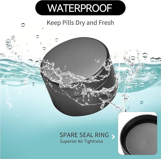 Small Daily Pill Box - Portable Waterproof Metal Pill Case for Pocket or Purse Aluminium Alloy Round Travel Pill Container Storage Container 2 Pieces (Black Grey)