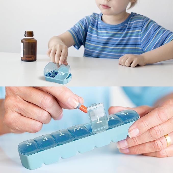 2 Pack (Weekly & Daily), 2 Times a Day (AM/PM) + 7-Day Pill Organizer, Vitamin Planner, Large Capacity Pill Box Set, Travel Pill Case for Medication/Vitamins/Fish Oils/Supplements, Blue