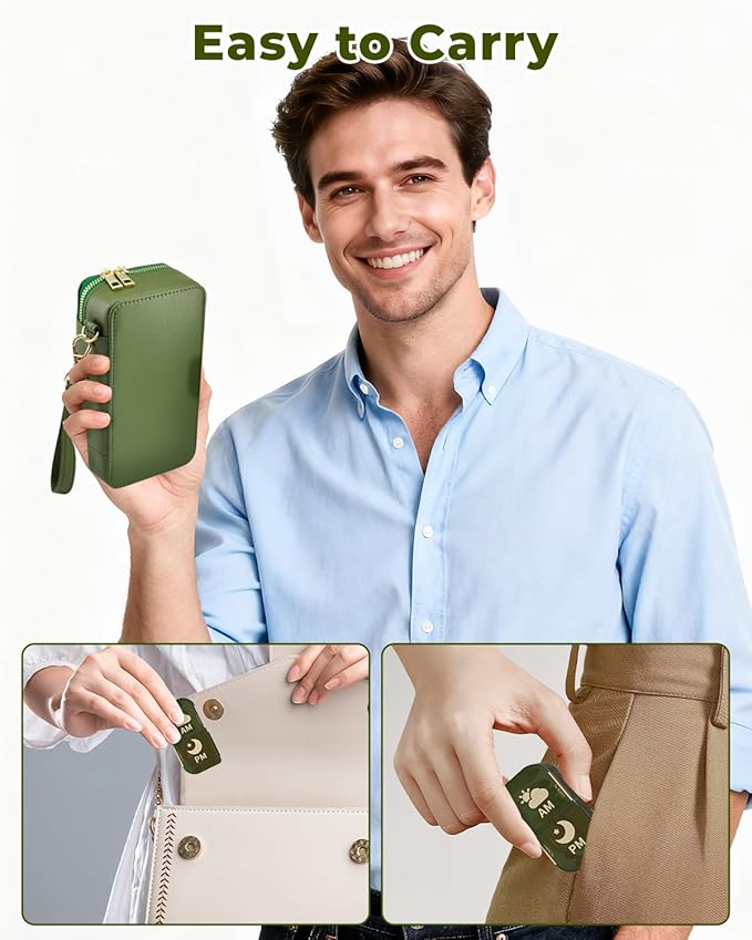 Pill Organizer 2 Times a Day (AM PM), Weekly Pill Box with PU Leather Travel Case, Portable Medicine Organizer for Travel, Work & Supplements (Green)