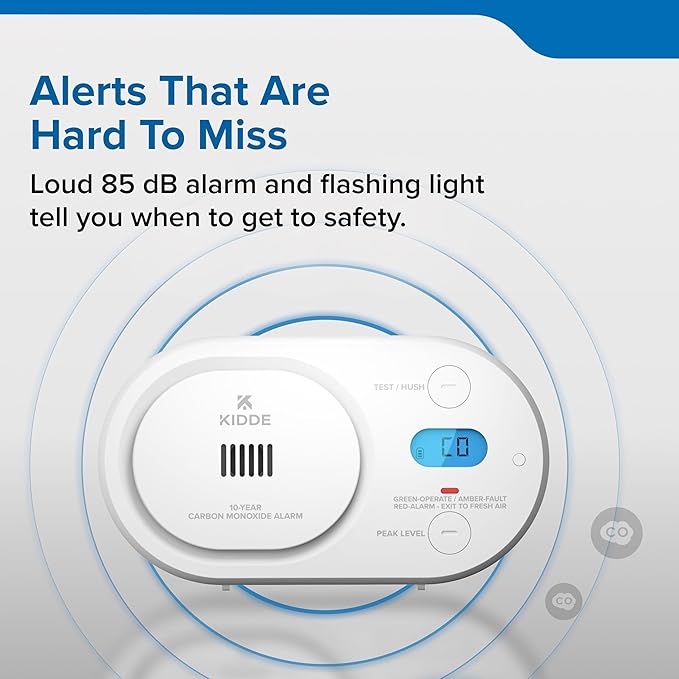 Kidde Carbon Monoxide Detector, 10-Year Battery Powered, Digital Backlit Display, LED Status Indicators, 85 dB Alarm, 5th Edition, COBD10