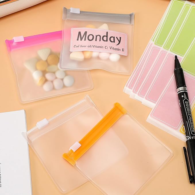 MARFOREVER 25 Pcs Pill Pouch Small Reusable Pouch Bags Clear Medicine Organizer Travel Pill Container Storage 14 Pcs Plastic Medicine Bags 10 Pcs Sheets Labels and A Marker