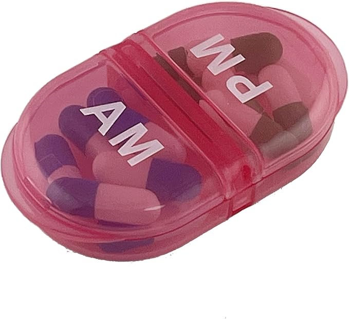 Deke Home - Pill Organizer AM PM, 2 Compartment Pill Box for Pocket or Purse, Small Daily Medicine Case, Travel Pill Holder, Easy Open Pill Container for Seniors, Vitamins & Supplements (Pink)