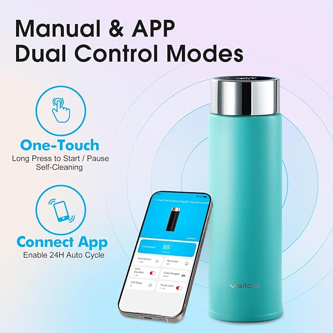 Vsitoo Smart self cleaning Insulated Water Bottle, 15oz Stainless Steel Vacuum Flask, AI Self-Clean, 30-Day Battery Life, BPA-Free, Magnetic Charging, Portable Travel Mug Gifts for Men Women, Blue