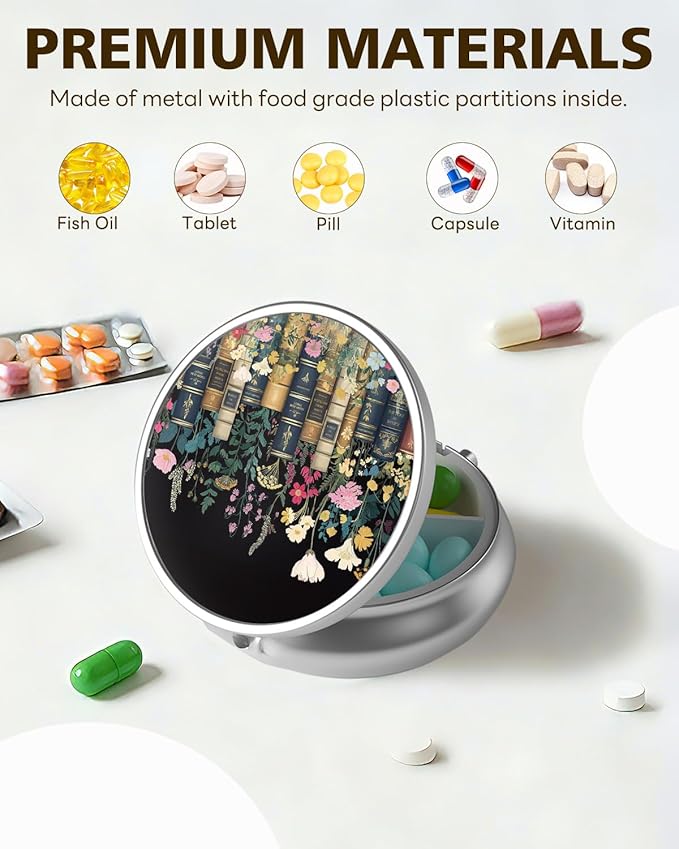 LRITER Pill Case, Portable Travel Pill Box, Pillbox Organizer, Cute Small Medicine Storage Container, Purse Accessories for Women, Men (Books and Flowers)