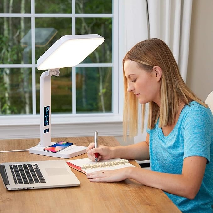 TheraLite Aura Qi Light Therapy Sun Lamp, UV Free, 10,000 LUX Light Therapy Lamp, Includes Alarm Clock, Phone Charger, USB Port, White Light