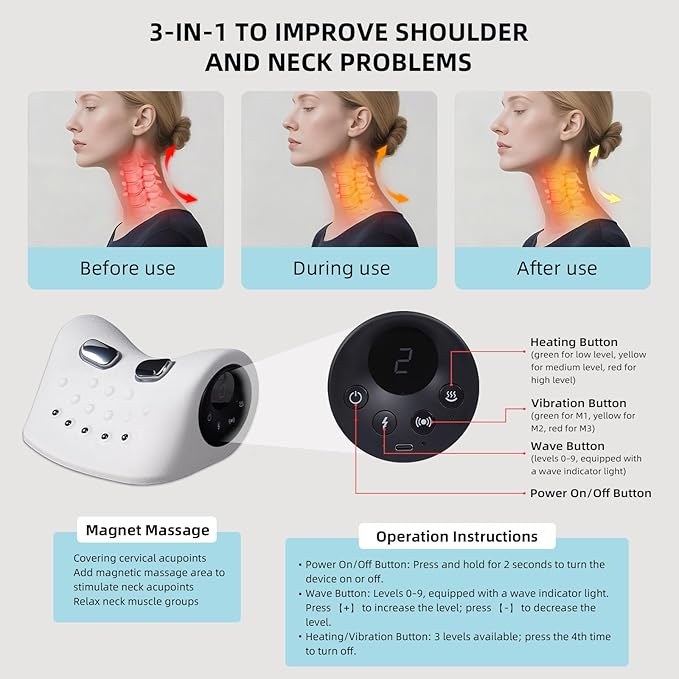 Portable Heated Massage Pillow 3 in 1 Heating Vibration Massage Upgraded 6 Levels Intensity 4D Massage Neck & Shoulder Relaxation Pillow for Home Office Use (White)