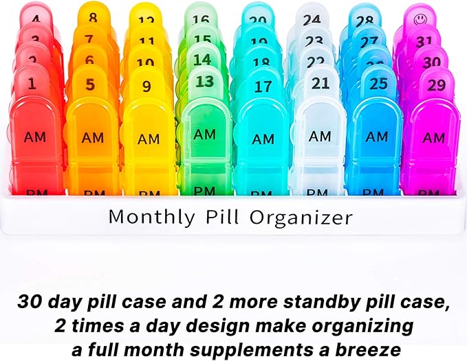 Daviky Monthly Pill Organizer 2 Times a Day - 30 Day Pill Box AM PM, BPA Free One Month Medicine Organizer Twice Daily, 31-Day Case to Hold Vitamins, Supplements & Medication