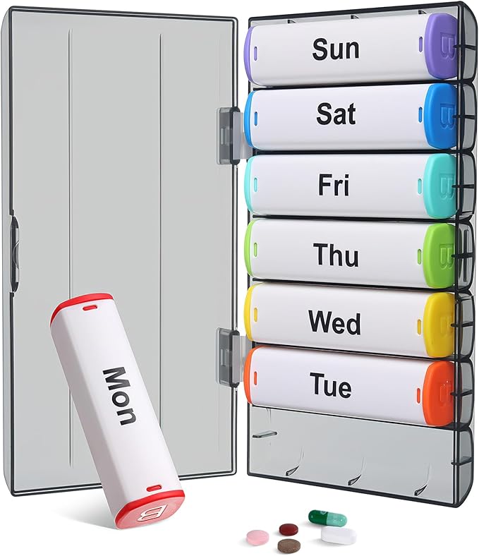 Weekly Pill Organizer 2 Times a Day, Lockable 7 Day AM PM Pill Box for Seniors, Large Travel Pill Case for Vitamins, Fish Oil, Supplements and Medication, Waterproof BPA-Free ABS, White