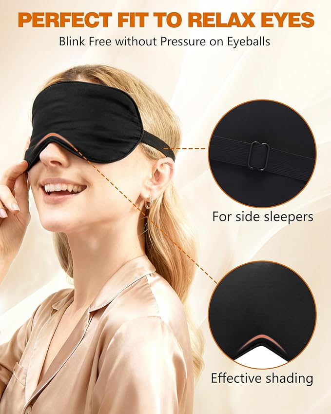 100% Mulberry Silk Sleep Mask with Adjustable Strap, 16-Momme Light-Blocking Eye Mask for Sleeping, Hypoallergenic Silk Eye Masks for Women and Men, Perfect Travel & Gift Choice（Black）