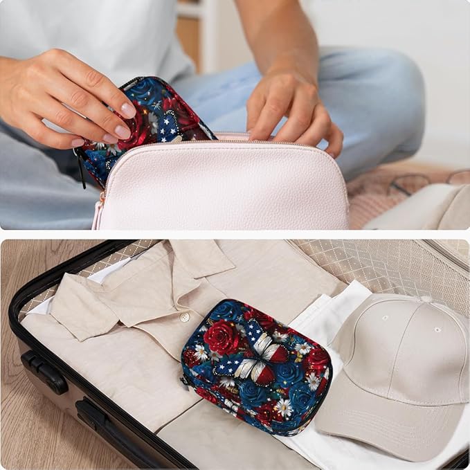 Flowers Butterflies American Flag Pill Case Everyday Travel, 7 Day Weekly Medicine Pill Box Compact Portable Pills Bottle Organizer with Zipper for Daily Vitamin Medicine Holder Bottle Organizers Bag